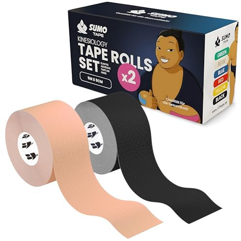 Sumo Tape® Kinesiotapes 2er Set wasserfest & hautfreundlich - Elastisches Kinesiologie Tape 5m x 5cm und extra starker Halt - Medizinische Kinesiotape Rollen, Sport Physio Tapes (Schwarz & Beige)