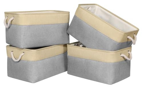 Univivi Canvas Storage Boxes, 43 x 30 x 25cm Extra Large Fabric Storage Baskets for Shelves with Rope Handles, Foldable Storage Box for Kallax Unit Organizing Clothes Nursery Home- Grey, Set of 4