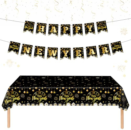 GreenYeah Tischdecke Silvester, Frohes Neues Jahr Tischdecken 2027, Happy New Year Banner, 2027 Neujahr Tischdecken, Schwarz und Gold Party Tischdecke für Rechteck Tisch 137 x 274cm (A)