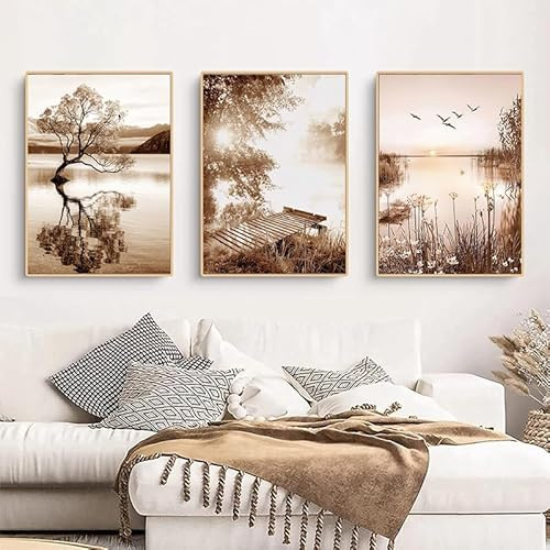 Moderne Kunst Dekoration Malerei, Bohemian Stil Beige Pflanze Blume Natürliche Dekoration Plakat, Wohnzimmer Hintergrund Wand Druck Malerei, Rahmenlos (A 1,50x70cm*3)