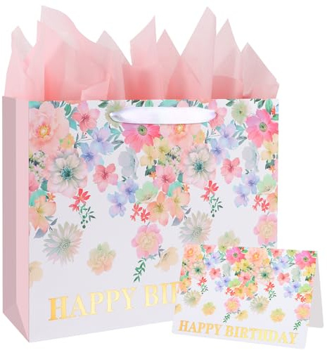 ASYEHJNR 33 cm große Geschenktüte mit Blumenmuster und metallischem Gold, Happy Birthday-Schild, Vintage-Geschenktüte mit Grußkarte und Seidenpapier für Mädchen, Frauen, Geburtstag