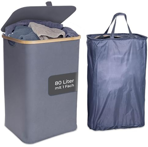 Wäschekorb 2 Fächer Innenbeutel herausnehmbar | Wäschesortierer getrennte Kammern | Wäschebeutel waschbar | Wäschebox Nelson 115L faltbar (anthrazit, 1 Fach - 80 Liter)