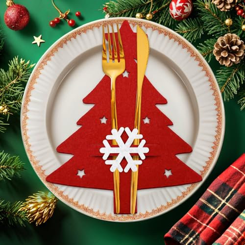 FUKPO 12 Piezas Porta Cubiertos Navidad Fieltro Rojo, Porta Cubiertos Navideños Decoracion Mesa Navidad Hogar, Porta Cubiertos Navideños Bolsas Árbol de Navidad Copo de Nieve Estrella