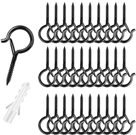 eudoraakm Lot de 30 Crochets à Visser Q en Métal Noir - Piton à Vis avec Cheville, Crochet Mural Robuste pour Suspension Plantes, Guirlandes, Bois et Mur - Installation Facile