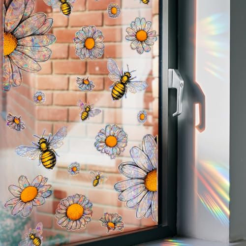 Gänseblümchen Prism Fenstersticker Vogelschutz Suncatcher Fensteraufkleber Frühling Blumen Biene Folie Fensterbilder Wiederverwendbar Haften Reflektierende Vogel Anti Kollisions Aufkleber Fensterdeko