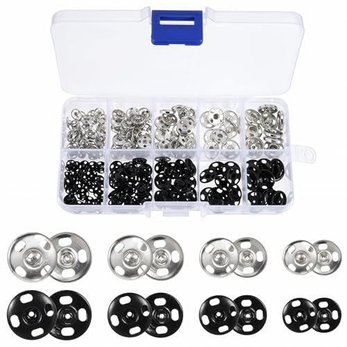 Druckknöpfe zum Annähen, 100 Sätze Druckknöpfe Metall(12mm 10mm 8.5mm 7.5mm) Schwarz Silber Druckknopf Mit Transparentbox Snaps Für Kleidung Und Stoffe Nähen, Geldbeutel, Handtasche,DIY