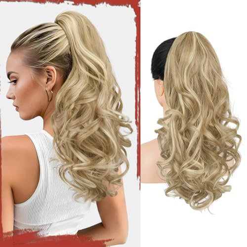Sofeiyan Pferdeschwanz Haarteil mit Klammer, Lange Wellig Lockig Zopf Extension Claw Clip in Ponytail Extension Synthetik Haarverlängerung für Damen, 43 cm Dunkles Aschblond Gemischtes Bleichblond
