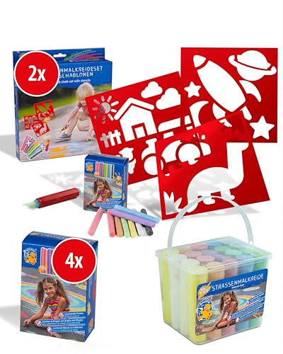 PUSTEFIX 2x MALEFIX Schablonenset Adventure + 4x Nachfüllpack 18er & 20er Kreide I Leuchtende Straßenkreide Farben mit Schablone I Einfach mit Wasser zu entfernen I Für Kinder & Erwachsene