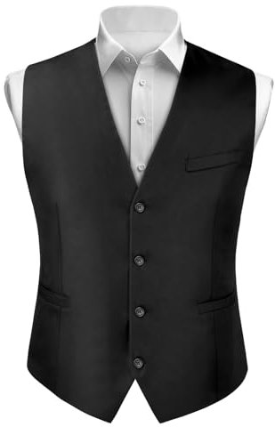 BSBUY Gilet Elegante Nero da Uomo Classico, Formale Senza Maniche con Scollo a V, Business Suit Vest per Festa Sposa con Set Cravatta e Fazzoletto