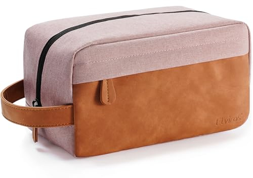 Elviros Travel Toiletry Bag for Men for Women, Hanging Toiletries Bag Water Repellent Dopp Kit PU Leather Travel Wash Bag for Toiletries Accessories, Gift for Men,Pink