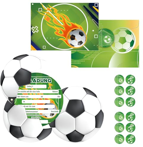 12 Einladungskarten Fussball Kindergeburtstag mit Umschlag und Aufklebern,Fußball Geburtstagseinladungen, Partyeinladungen für Jungen und Mädchen Geburtstag Kinder Einladungsset