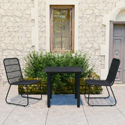 QJBSAVVA 3-TLG. Garten-Essgruppe Schwarz, 80×80 cm Tisch, 2 Stapelstühle, Poly-Rattan, Stahl, Glastisch, wetterfest