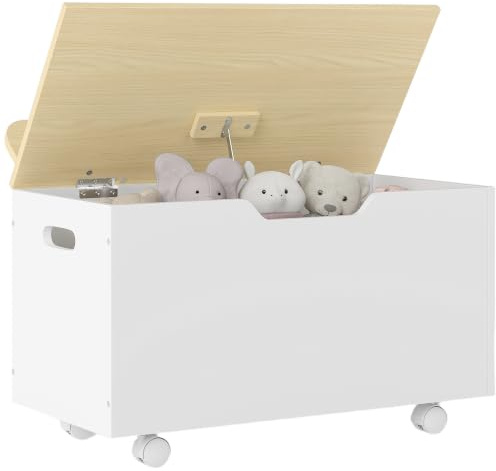 AIYAPLAY Toy Box with Lid, Toy Chest, Wheels, Safety Hinges for Kids, White | Toddler Storage Organiser, Playroom, Bedroom, Living Room