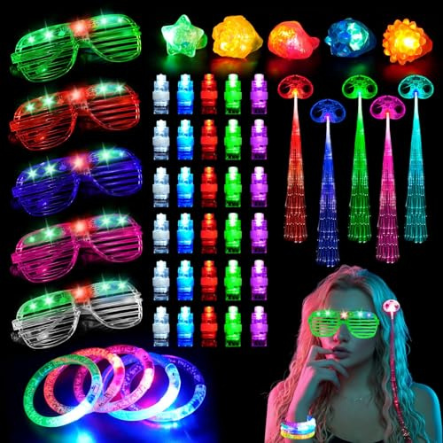 52Pcs LED Light Up Toys Party Favors Glow in The Dark Party Supplies, Neon Glasses,Rave Props Luminous Glasses,Finger Lights,LED Jelly Rings for Birthday Reunion