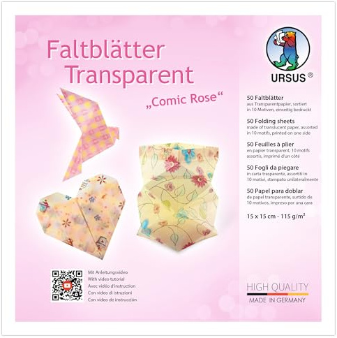 Ursus 3806 55 15 - Faltblätter Transparent Comic Rose, 50 Stück, 15 x 15 cm, 115 g/m² Transparentpapier in 10 Motiven, einseitig bedruckt, Faltpapier zum Basteln, DIY & Deko
