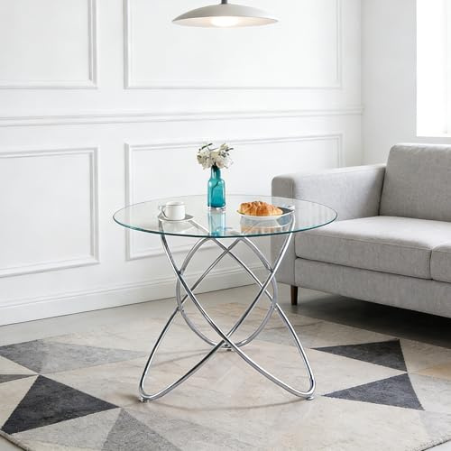 LLGWGL Mesa de comedor redonda de cristal de 80 cm con patas de metal, moderna mesa de cocina para 2-3 personas (transparente + cromo)