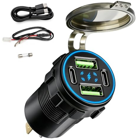 SRunDe 132W 4Port Prise USB 12V Chargeur de Voiture 2xUSB-A 36W&2xUSB-C 30W | Chargeur Rapide Voiture Prise usb Moto Étanche 12v Encastrable Rapide Port USB pour Camping Car Camion Bateau