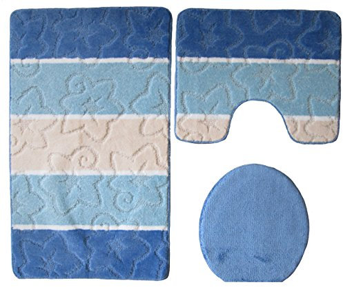 Orion Badgarnitur 3 TLG. Set 50x80 cm Mehrfarbig gestreift, WC Vorleger mit Ausschnitt für Stand-WC (blau hellblau Creme)