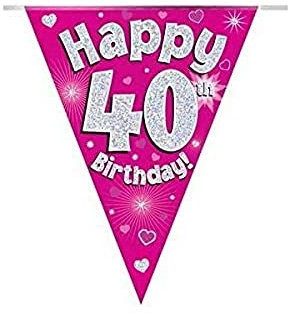 Party Bunting Happy 40th Birthday Pink Holographic 11 flags 3.9m