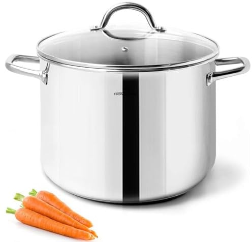 HOMICHEF Stock Pot 24.5 cm 7.6 Litre with Lid Nickel Free Stainless Steel - Mirror Polished Stockpot 7.6 Litre with Glass Lid - Healthy Soup Pot Induction