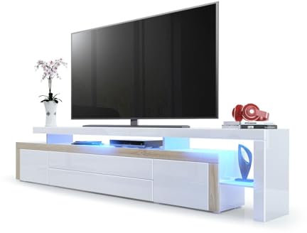 Vladon TV Board Lowboard Leon V3, Made in Germany, Korpus und Überbau in Weiß Hochglanz/Front in Weiß Hochglanz mit Rahmen in Eiche sägerau inkl. LED Beleuchtung (227 x 52 x 35 cm)