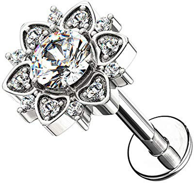 Piersando Ohr-Piercing 316 L Chirurgenstahl mit Kristall Glitzer Stein Tragus Helix Labret Lippe Knorpel Stab Stecker Blume Silber 8mm