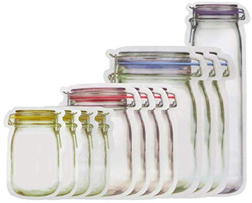Suszian Storage Bag, 12Pcs Mason Jar Bottles Bags, Snack Fresh Ziplock Bags Reusable Airtight Seal Food Storage Bags Leakproof Food Saver Bags,For Food Snacks, Fruits, Travel Home Organization
