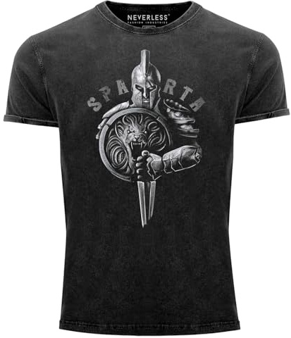 Neverless® Herren Vintage Shirt Aufdruck Sparta Spartanerhelm Krieger Warrior Schwert Schild Löwe Printshirt T-Shirt Used Look Slim Fit