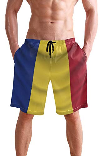 All3DPrint Rumänien-Flagge Herren Badeshorts Wasser Strand Shorts mit Taschen Gr. XL, multi