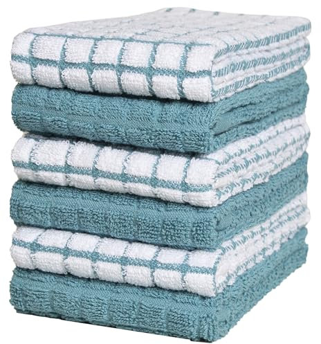 Kitchen Towels 16x 28 | Dish Towels | Kitchen Hand Towels | Large Dishcloths Set | Highly Absorbent Tea Towel, Soft with Hanging Loop | Natural Ring Spun Cotton, 380 GSM | Aqua Check Design - 6 Pack