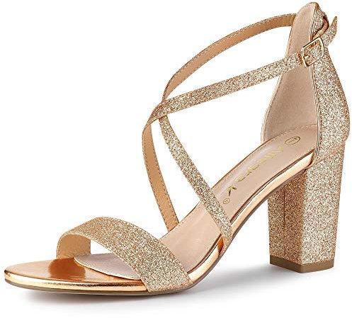 Allegra K Women's Glitter Crisscross Strap Block Heels Sandals Rose Gold 6 UK/Label Size 8 US