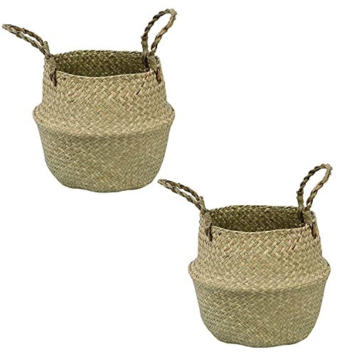 Woodside Medium Woven Seagrass Belly Basket, Foldable Home Storage for Toys & Laundry, Decorative Plant Pot, Beach Bag, Grocery/Picnic Basket, pack of 2