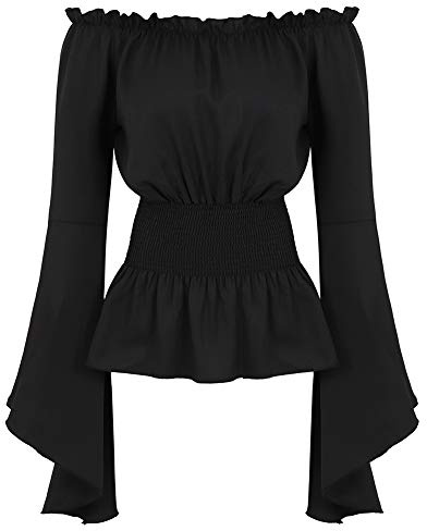 Grebrafan Gothic Blouse Halloween Women Retro Bell Sleeves Off Shoulder Tops Shirt (UK(8-10) M, Black)