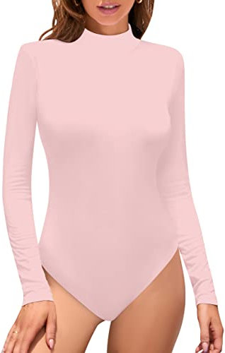 SHEIUGU Body à manches longues et col roulé pour femme Coupe classique, rose poudré, X-Large