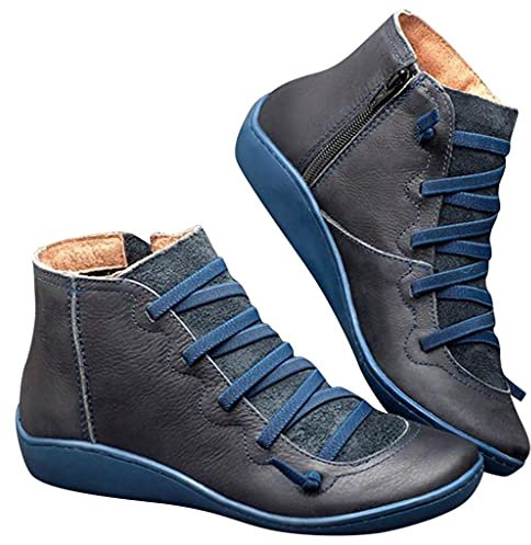 BeerMmay Damen Knöchelschuhe Rund Toe Flache Leder Stiefeletten Schnürung Reißverschluss Wasserdichte Schuhe rutschfeste Damenstiefel Winterstiefel Comfort Knöchel Schuhe Worker Boots