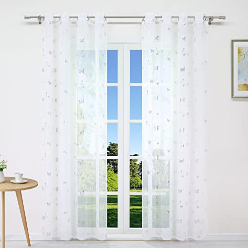 CORLIF Voile Gardine mit Ösen Transparente Vorhänge mit Schmetterling Druck Weiß B/H 140/245 cm 1er Pack