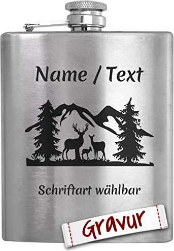 LALALO Flachmann mit Gravur aus Edelstahl, personalisiert, Waldmotiv | Geburtstagsgeschenk für Männer und Frauen, für Bergsteiger und Wanderer, Wunschtext oder Spruch, Weihnachten und Ruhestand