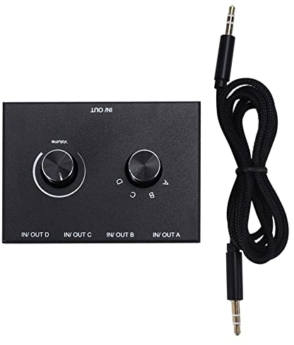 Jevina de audio de 4 puertos, interruptor AUX estéreo de 3,5 mm, 4 entradas 1 salida/1 entrada 4 salidas, caja de interruptores negro