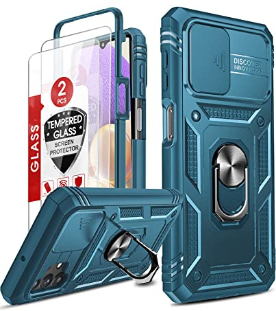 LeYi Coque pour Samsung Galaxy A32 5G avec Verre Trempé [2 Pièces], Full Protection de la Caméra en PC Dur Anti-Chut Renforcée Armor Heavy Duty Antichoc Bumper Housse Etui Bleu
