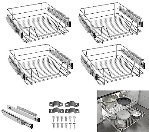 YRHome 4 Stück Küchenschublade Küchen Regal Teleskopschublade Schlafzimmerschublade Schrankauszug Organizer Küchenschrank Korbauszug Vollauszug Schublade Küchen Regal Geeignet für 50cm Schränke