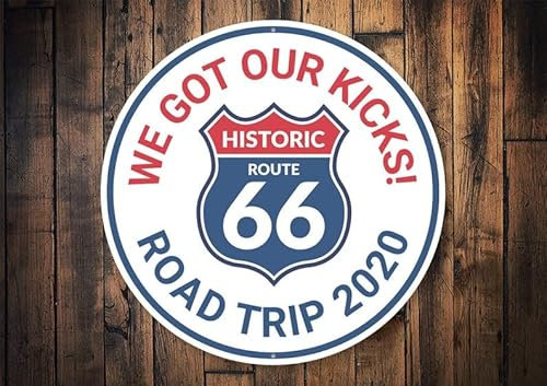 KILSPU Road Trip 2020, Route 66 Trip, Route 66, Route Road, Famous Route 66, Route 66 Road, Decorazione del cartello stradale, Garage, Man Cave Metal Round Tin Sign 30 x 30 cm