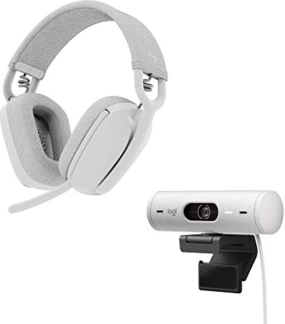 Logitech Brio 500 Full HD-Webcam und Zone Vibe 100 kabellose Kopfhörer mit geräuschunterdrückendem Mikrofon, funktioniert mit Microsoft Teams, Google Meet, Zoom, Mac/PC - Weiß