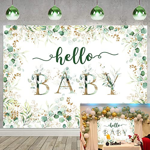 Hello Baby Hintergrund für Babyparty 2,1 x 1,5 m, goldfarben Eukalyptus grüne Blätter geschlechtsneutrale Baby Fotografie Hintergrund Neugeborene Party-Dekoration Banner Schießrequisite