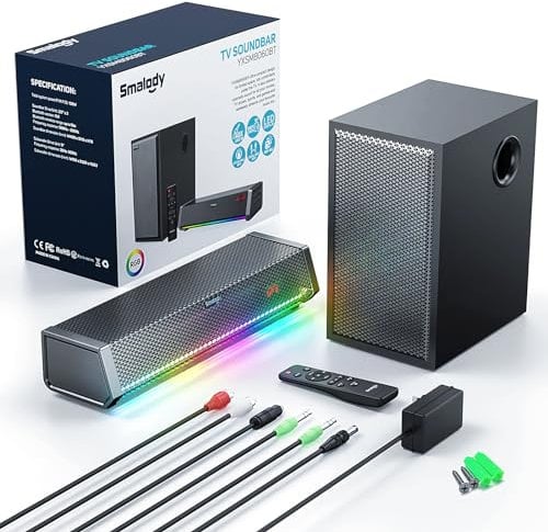 Smalody Altavoces de TV, Altavoz de Cine en casa, Barra de Sonido de Audio inalámbrica, Altavoz de TV + subwoofer de Graves, Bluetooth habilitado/óptico/AUX/entradas COAXIAL/Control Remoto