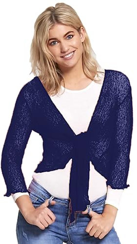 STAR FASHION Women's Plain Fish Net Knotted Tie Up Bolero Shrug Crop Top Ladies Knitted Three-Quarter Sleeve Cardigan Blouse Stretchy Lightweight One Size Fits All 8-14 Navy Blue
