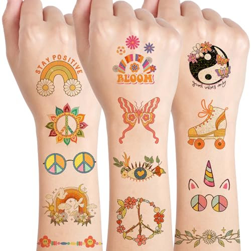 Qpout 20 Blatt Glitzer Hippie TemporäreTattoos für Kinder und Erwachsene, Temporäre Groovy-Hippie-Tattoos, Retro-Party Frieden und Liebe der 70er Jahre Blumen Geburtstagsparty Dekorationen