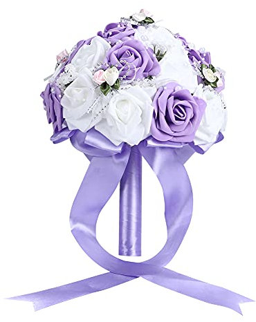 Hochzeits-Brautstrauß Mit Blumen, Kristall-Diamant-Schaumrosen Mit Schleife, Wunderschöner Brautjungfern-Brautstrauß, Hochzeitsblumen(Lila)