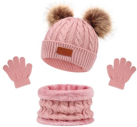 LINSOCLE 3in1 Kinder Wintermütze Schal Handschuhe Set, Strickmütze Babymütze Kinder Mütze Set, Jungen Warme Wintermütze Beanie Hut Handschuhe Runder Schal Set für Kinder 2-6 Jahre