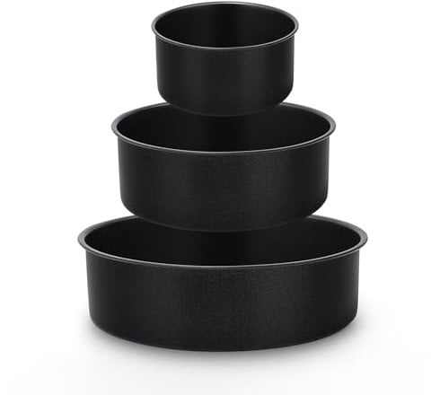 HaWare Stainless Steel Cake Tin Set of 3, 6inch/8inch/9.5inch Non-Stick Deep Round Baking Roasting Tin for Birthday Wedding Layer Cake, Healthy & Non-Toxic (16cm, 20cm, 24cm, Black)