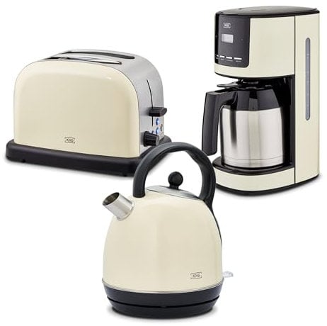 KHG Frühstücksset 3-teilig Kessel-Wasserkocher, Toaster & Thermo-Kaffeemaschine, Creme Beige Retro American Diner, Kapazität 1,7 Liter, 2 Toastscheiben, 12 Tassen Kaffee, 6 Röststufen, LCD-Anzeige